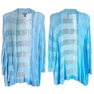 Chicos Light Blue Pointell Knit Open Front Cardigan Sweater Lightweight 2/Large